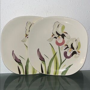 Set 2 RED WING IRIS Dinner Plate Vintage Hand Painted Purple Green Floral 10.5"